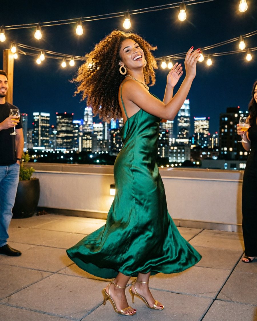 A candid documentary fashion photograph, caught mid-action rather than posed