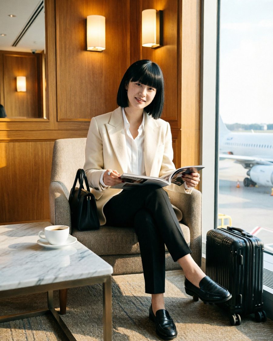 This is a petite woman with a blunt black bob and full fringe