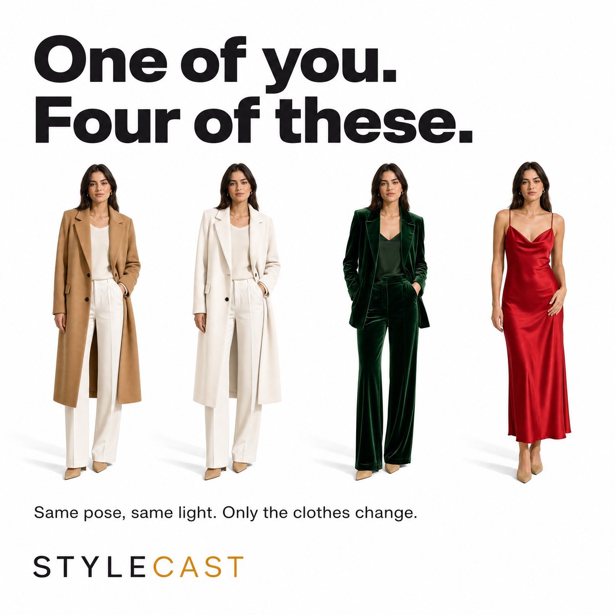 One of you, four of these — the same pose and light, only the clothes change