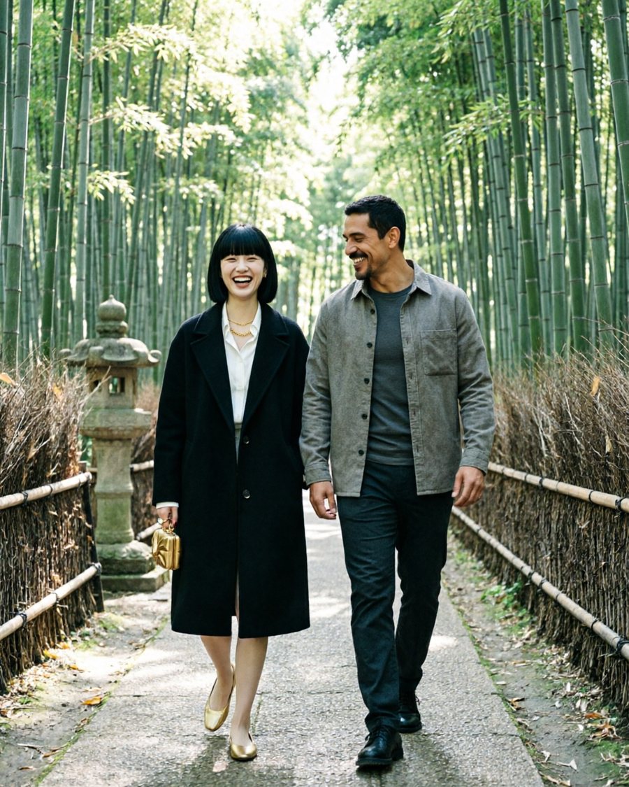 The first reference is the petite woman with the blunt black bob and full fringe