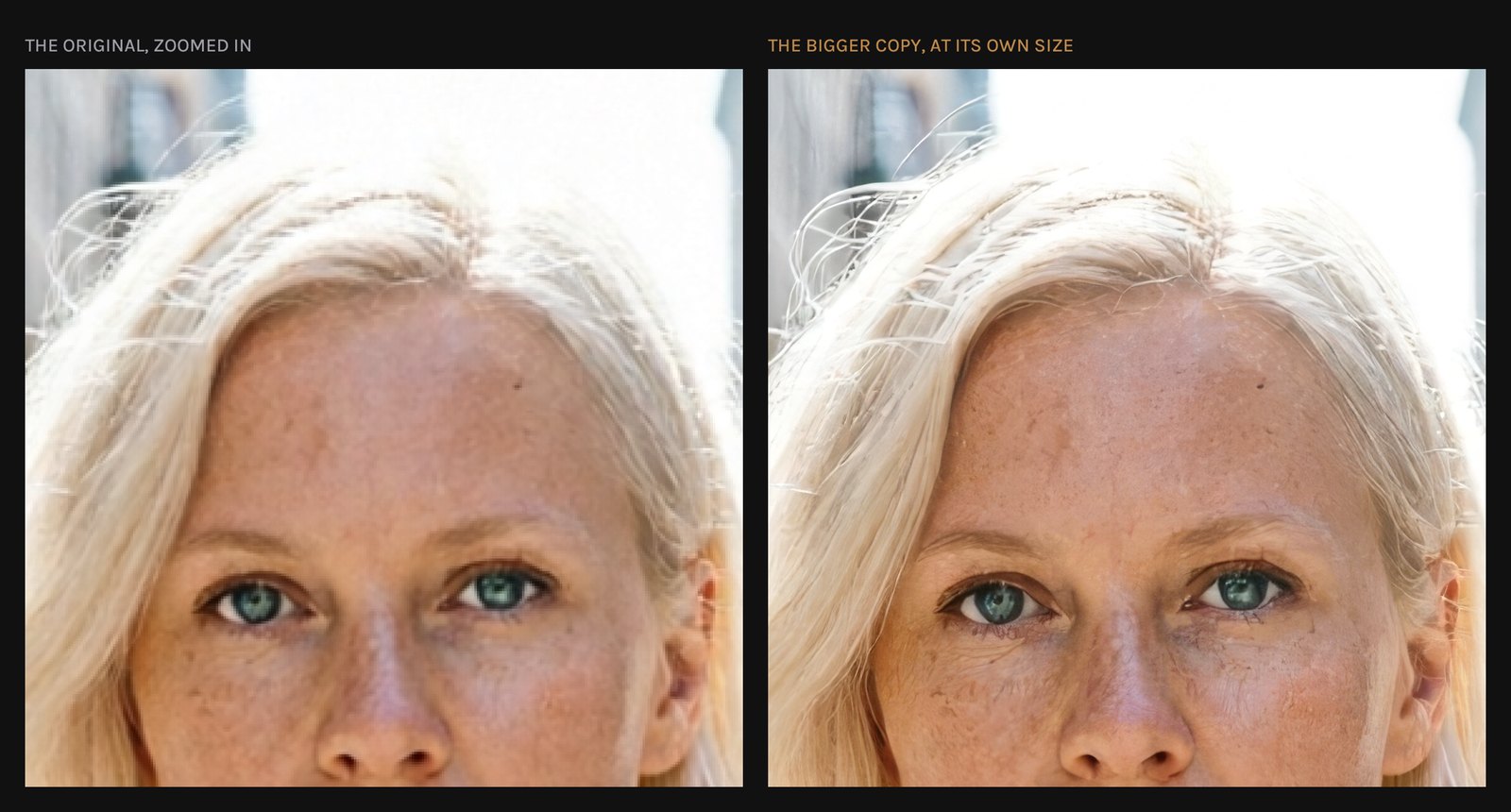 The same patch of one picture twice: the original zoomed in, blocky, beside the bigger copy at its own size, sharp