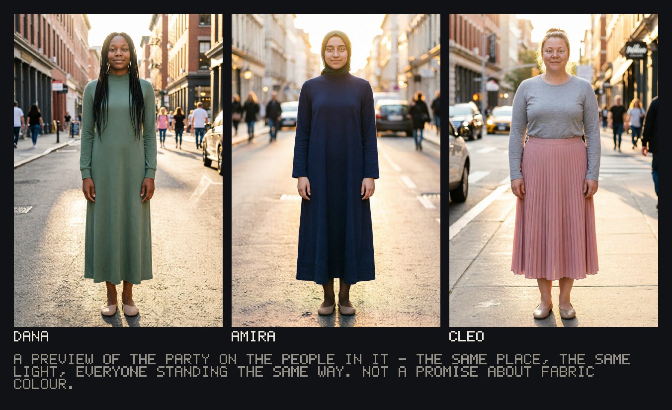 Three people on one board, each on her own body, in the same street and light, names under the tiles