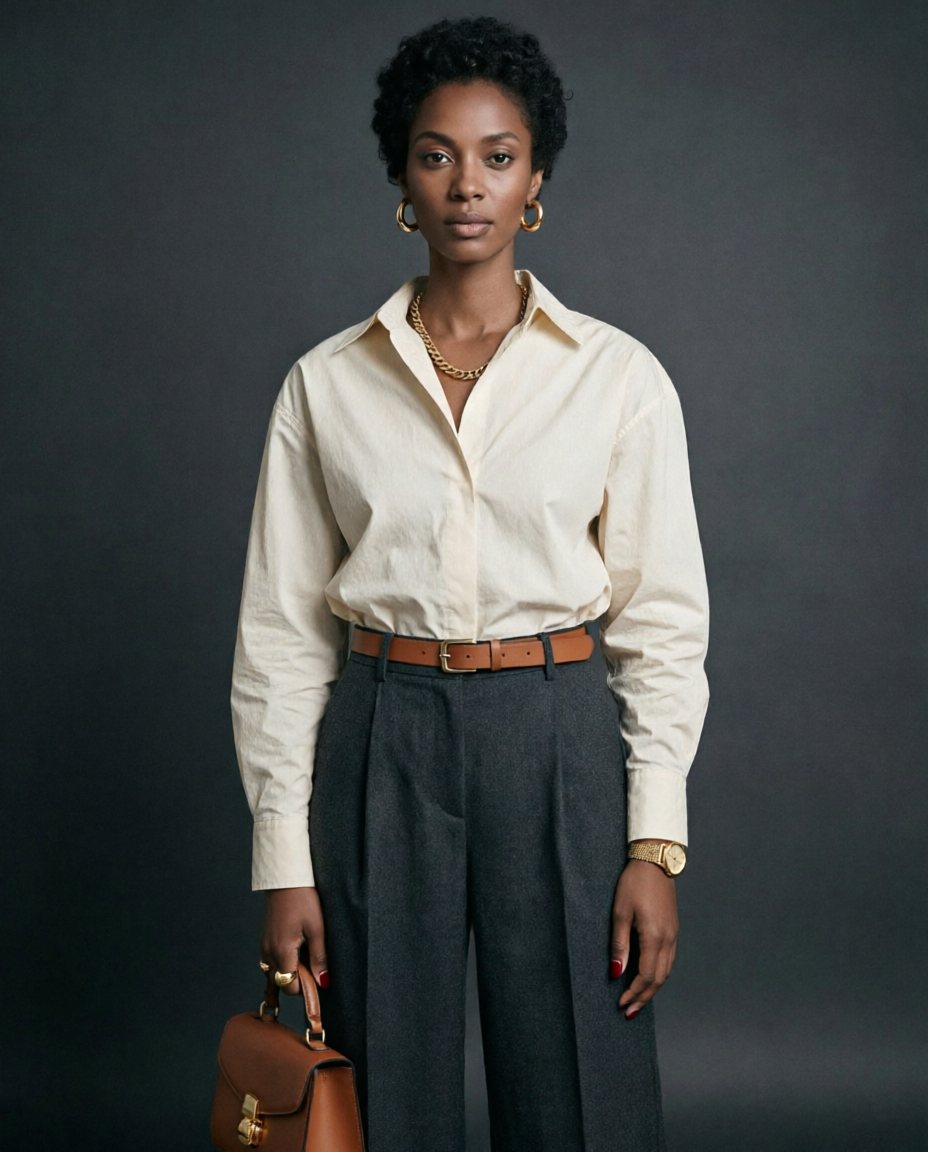 She wears an oversized ivory cotton-poplin shirt with a visible dropped shoulder seam falling two finger-widths below…