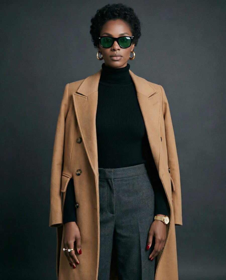 She wears an unbuttoned camel wool double-breasted overcoat worn open, its belt hanging loose at the sides, the…