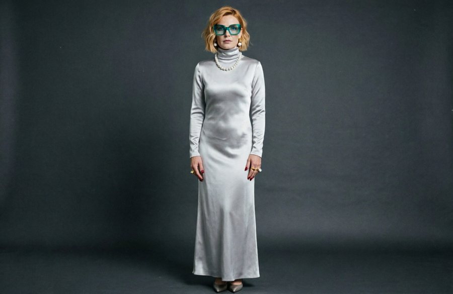 She wears a pale silver-grey silk-satin column gown with long sleeves ending at the wrist bone and a high funnel…