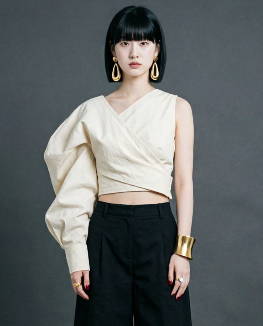 she wears an off-white heavy cotton-canvas asymmetric wrap top with one exaggerated sculptural sleeve holding its…