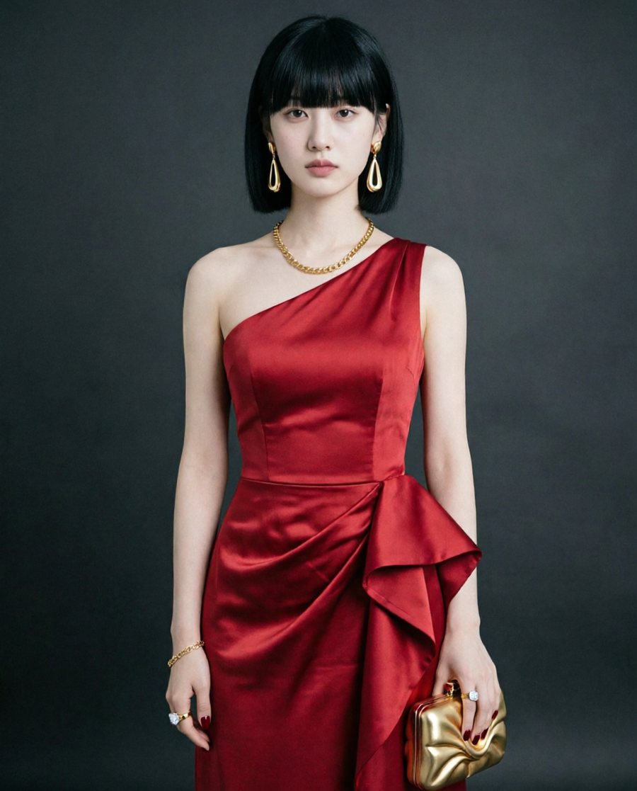 she wears a scarlet silk-taffeta asymmetric one-shoulder gown with a sculptural folded panel at the hip, floor length…
