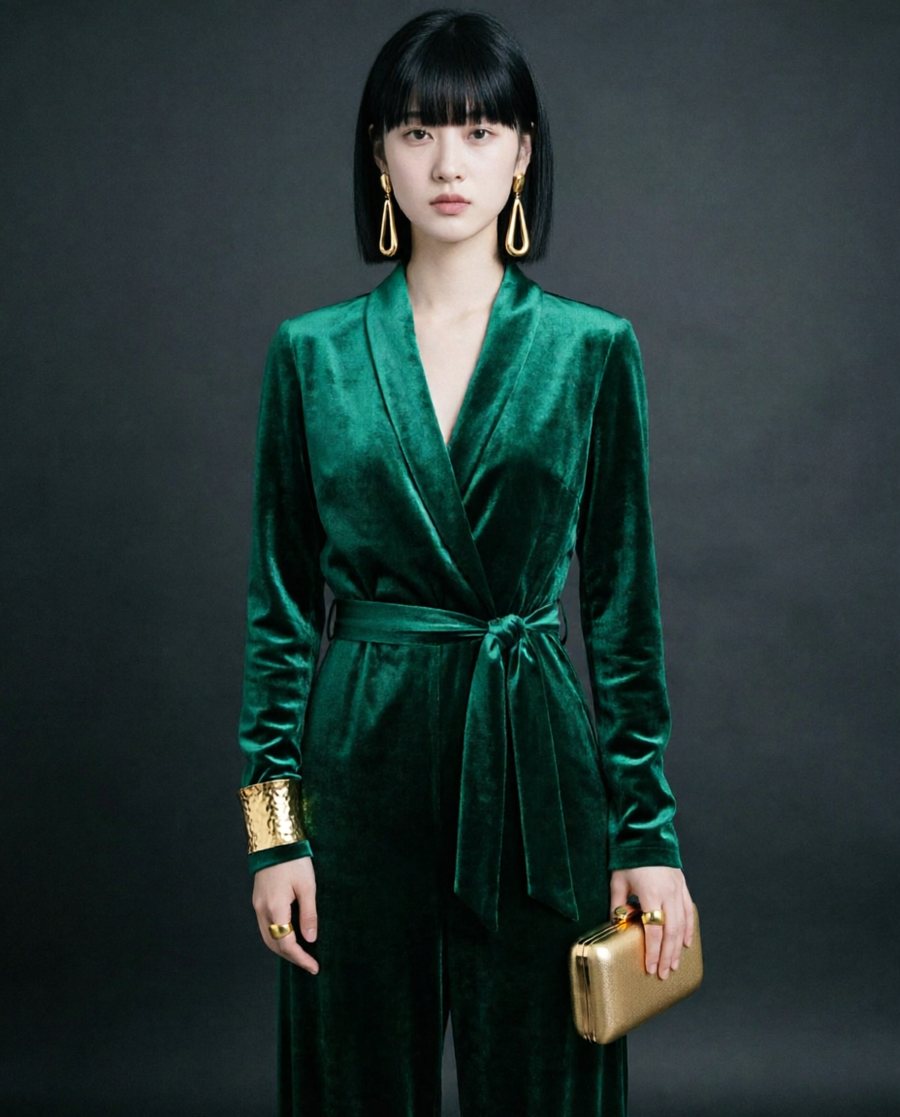 She wears a deep emerald silk-velvet tailored jumpsuit with a shawl collar and a self-tie belt at the natural waist,…