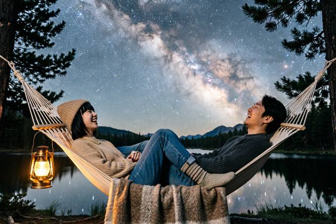 A memory rebuilt: two people in a hammock under the Milky Way