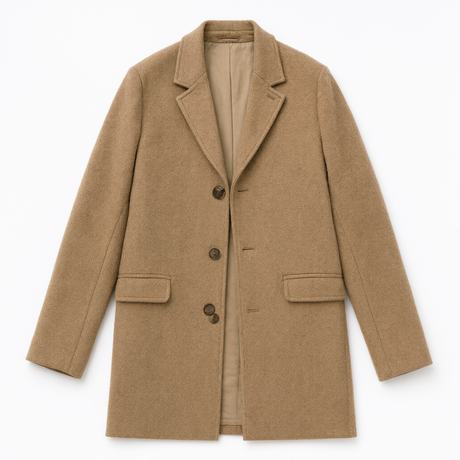 A camel wool coat, photographed flat