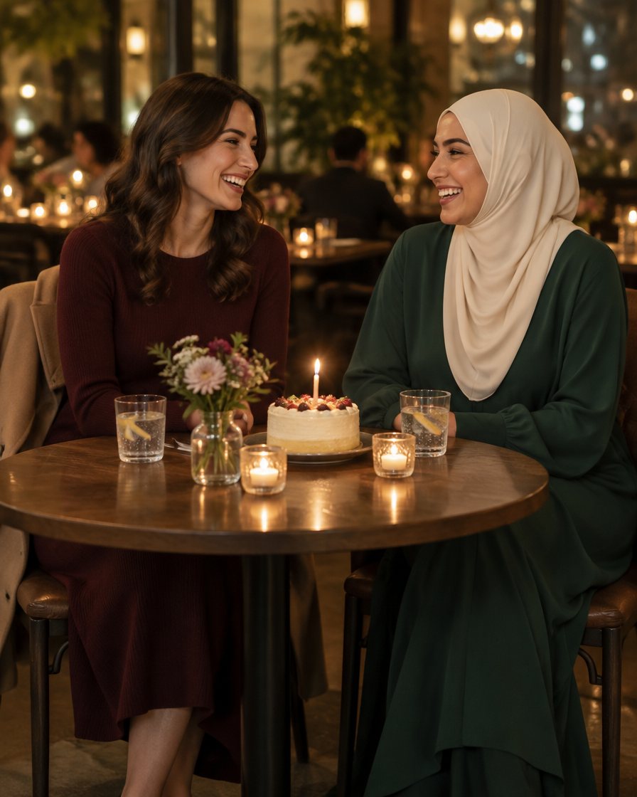 Two adult friends laugh over a small birthday cake at a candlelit table, one in a burgundy knit dress, one in a long loose green dress and a cream headscarf