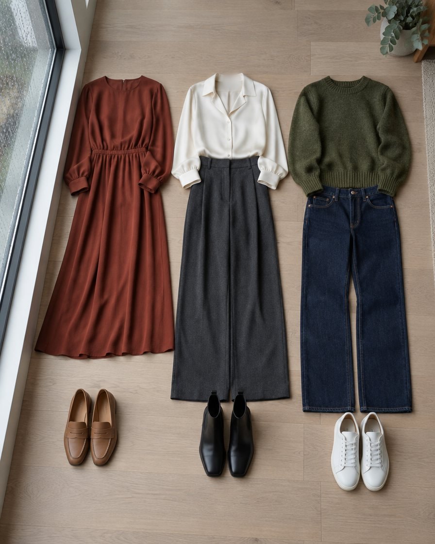 Three outfits laid out on a floor by a rainy window: a rust midi dress with loafers, an ivory blouse with charcoal wide-leg trousers and ankle boots, a green knit with dark jeans and white trainers
