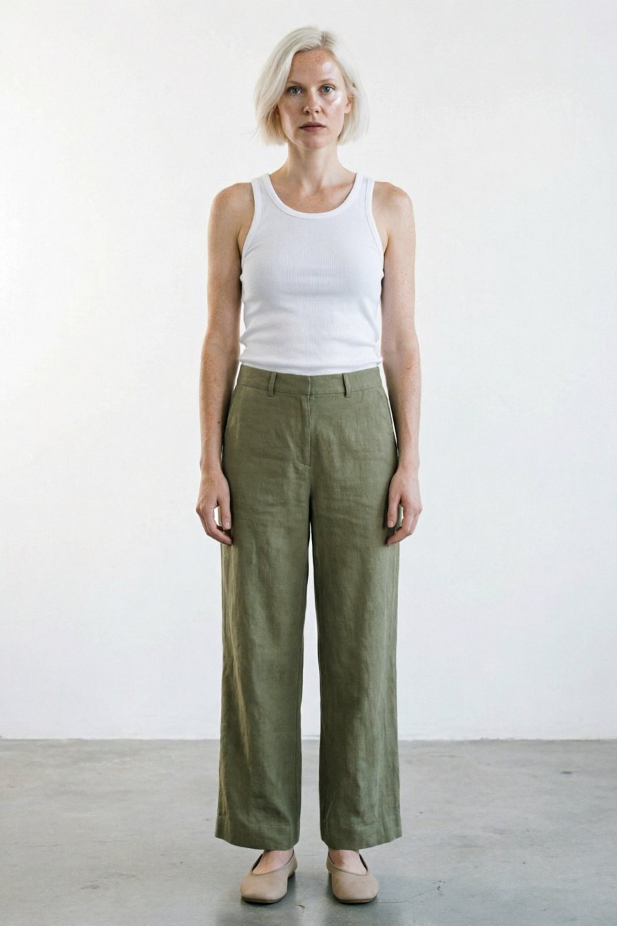 A house model from StyleCast's own tests stands against a white wall in a white ribbed tank top and olive wide-leg trousers