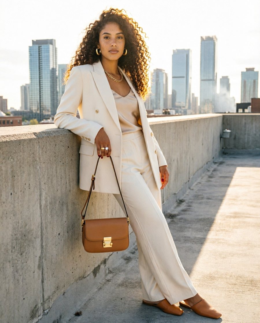 Full-figure fashion editorial frame, the whole body from head to feet inside the frame, camera at chest height about…