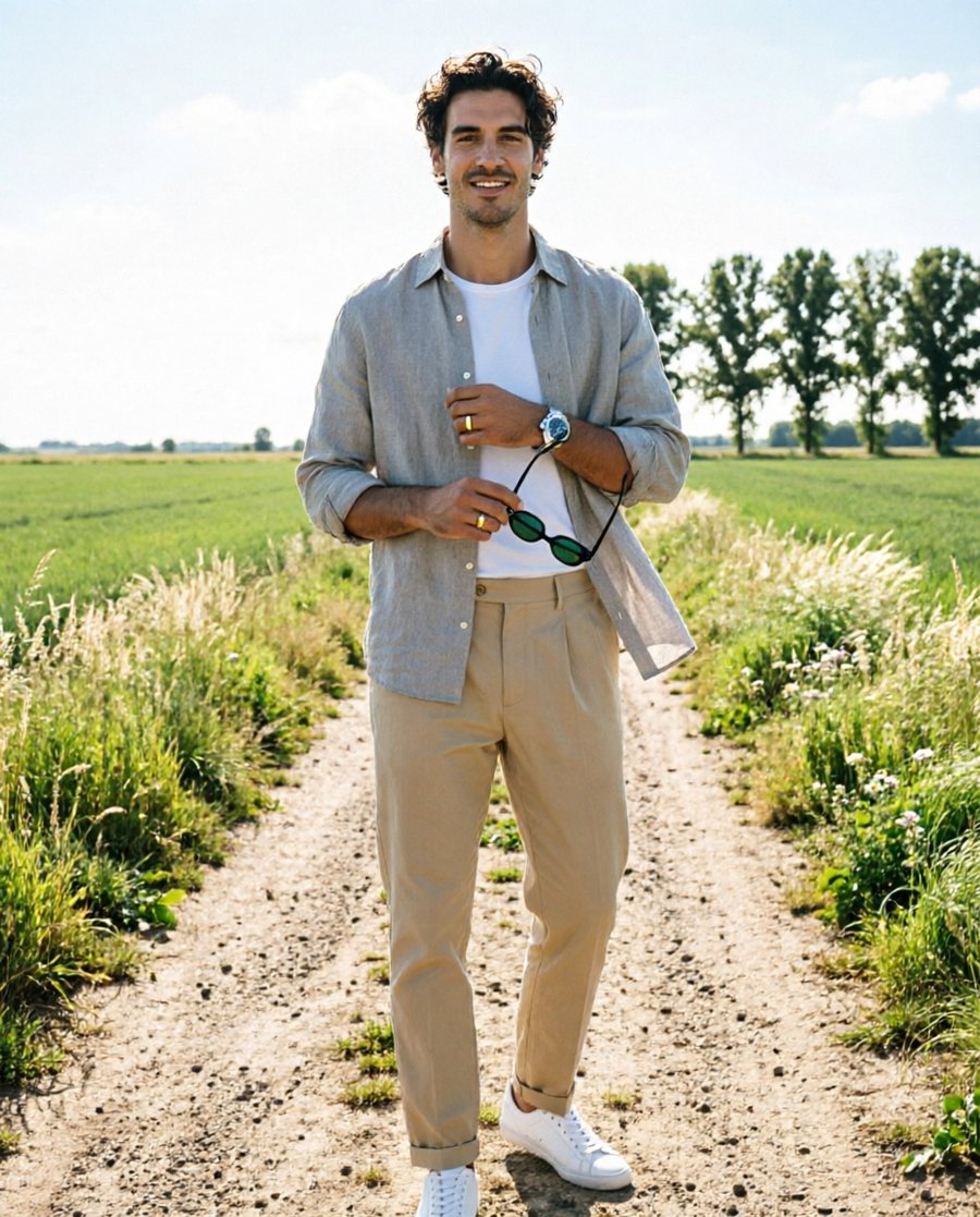 Full-figure fashion editorial frame, the whole body from head to feet inside the frame, camera at chest height about…