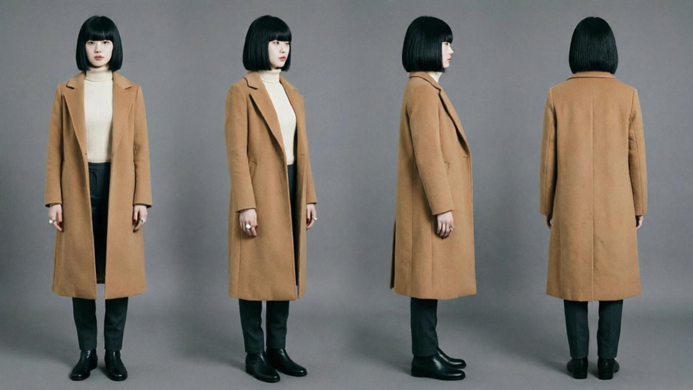The camel coat from four angles: front, three-quarter, side, back