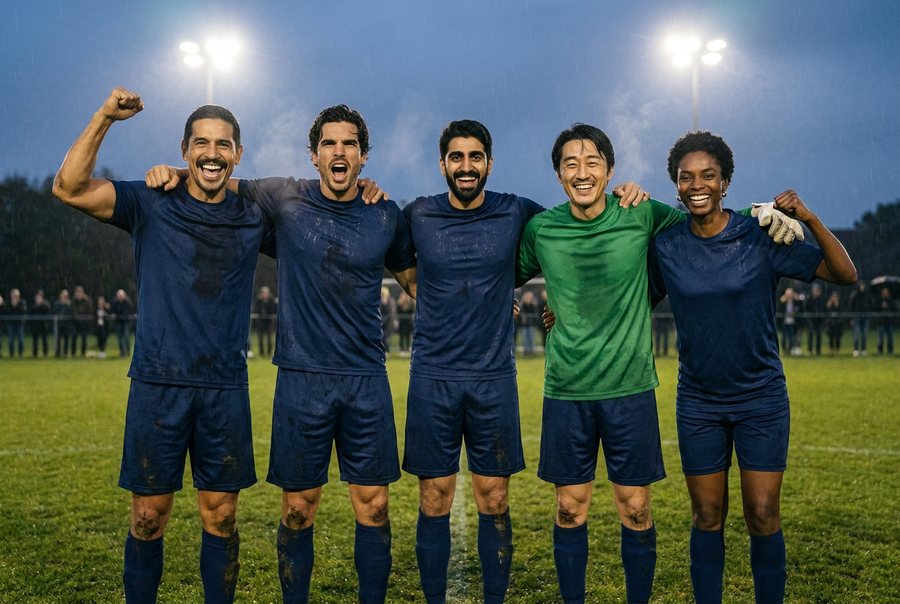 Five teammates of a mixed university soccer team standing shoulder to shoulder in a line on the pitch after a goal,…