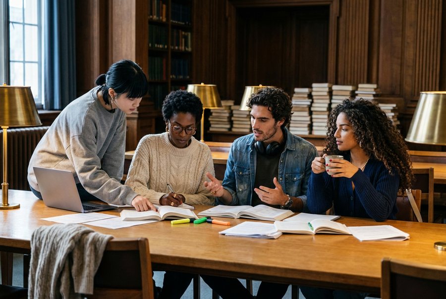 Four students working together round one end of a long library table, papers and open books spread everywhere, one…