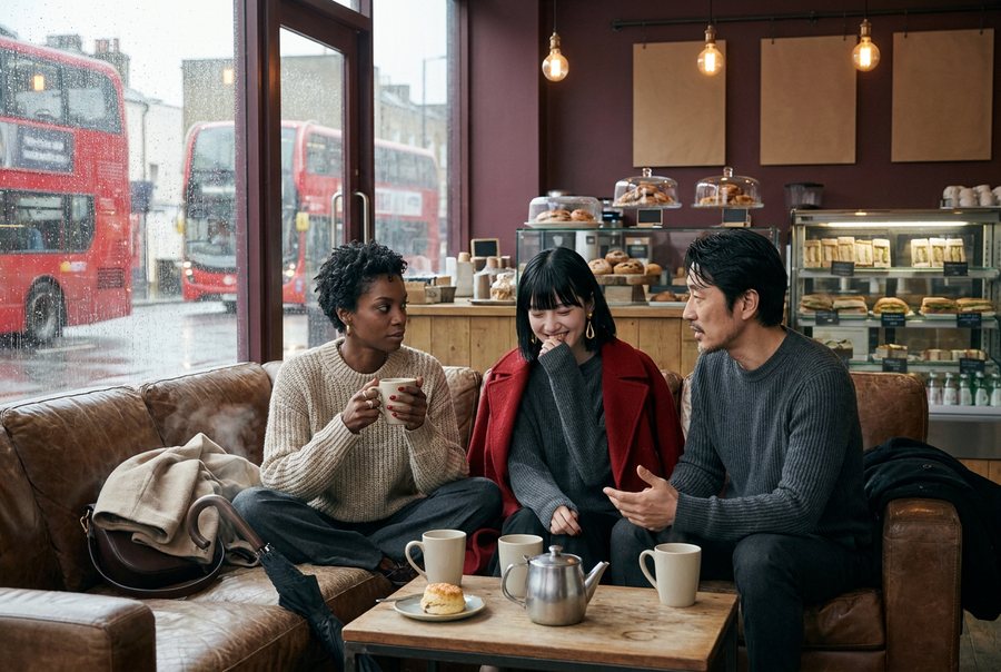 Three students folded into a sofa corner of a British high-street coffee shop on a wet afternoon, coats steaming on…
