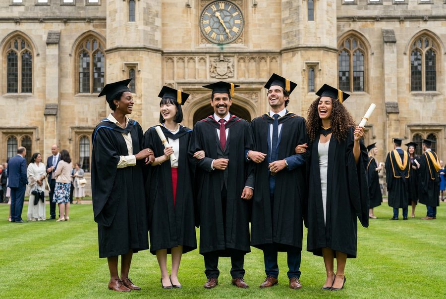 Five graduates arm in arm in a loose line in front of the faculty building, all in gown and mortarboard, mid-laugh,…