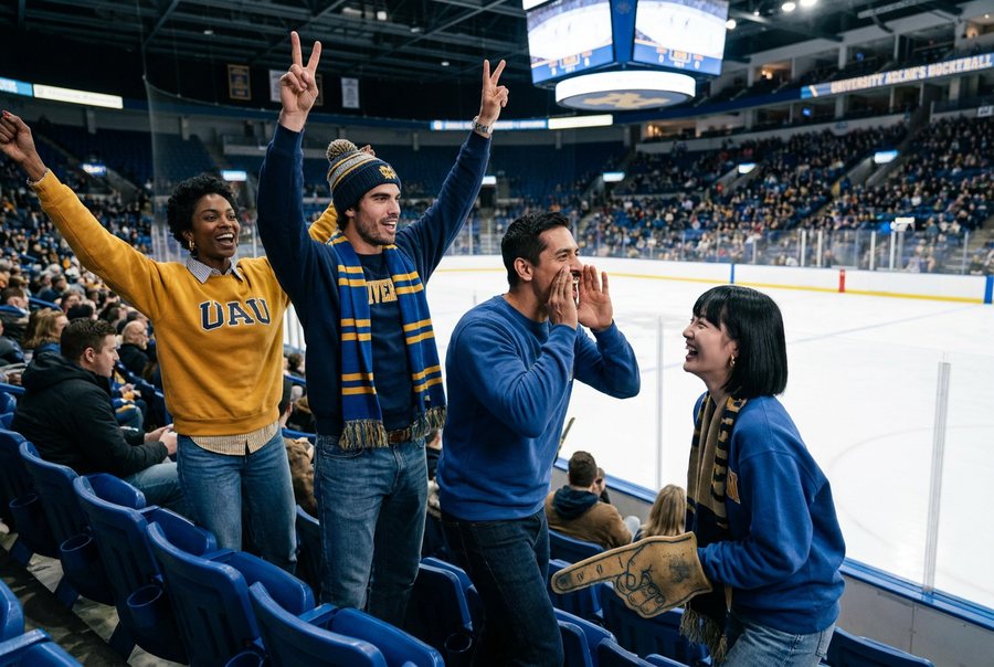 Four students in the stands of an indoor ice hockey arena, on their feet mid-cheer: two with arms raised, one with…