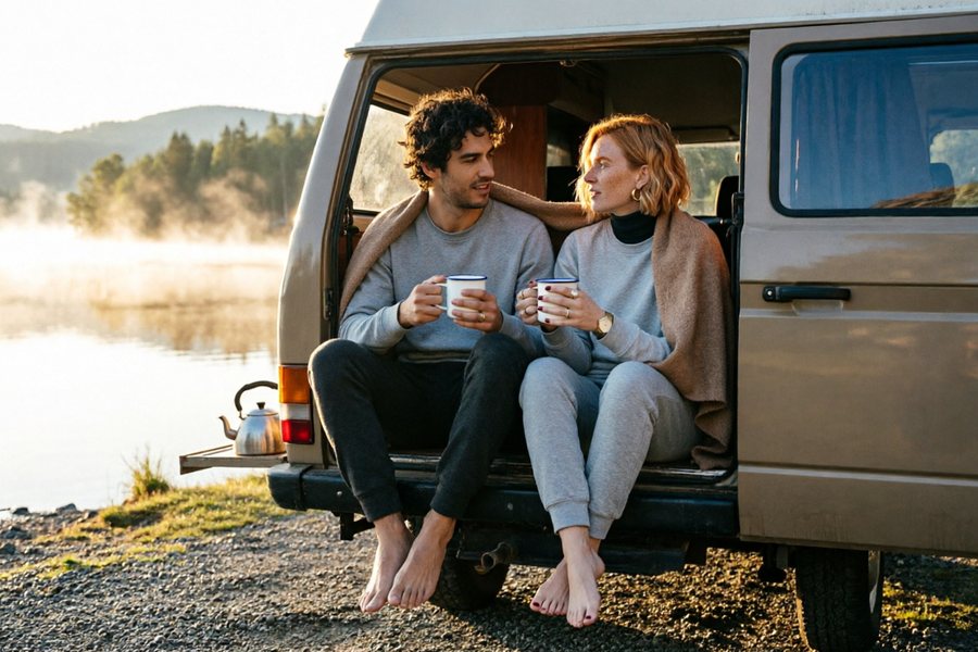 The first reference is the man with dark curly hair