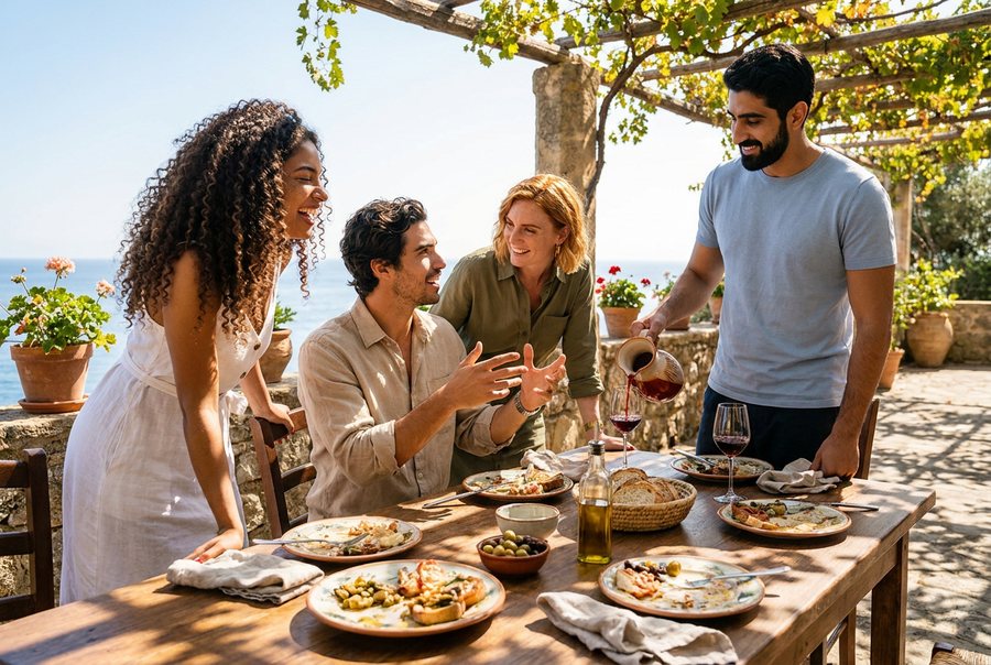 Four friends at a long lunch on a terrace above the sea, mid-meal and mid-laugh: one pouring wine, one turned…