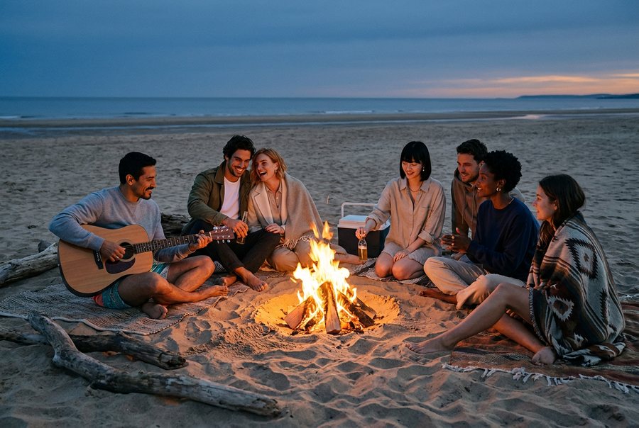 A beach bonfire at dusk: everyone sitting and half-lying on rugs and driftwood around a low fire, one strumming a…