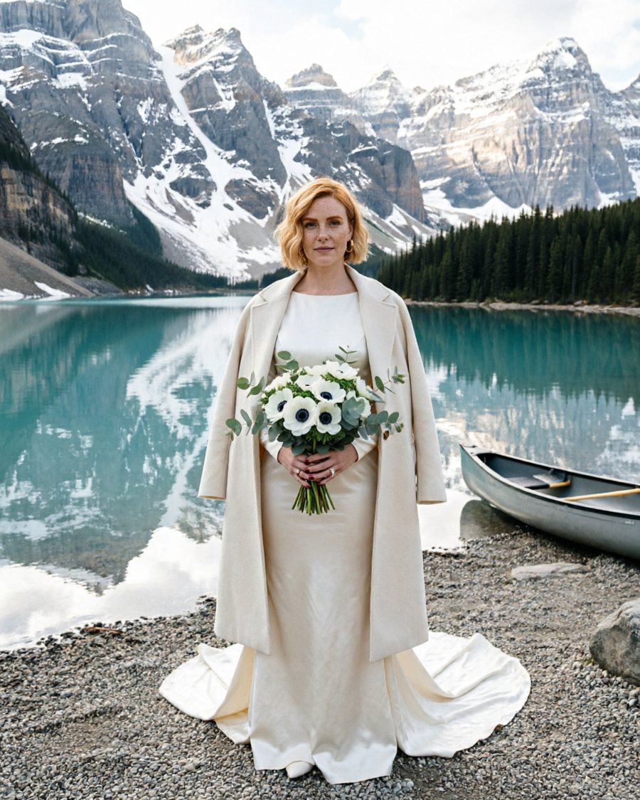 This is the bride, a woman with a warm champagne blonde and freckled skin