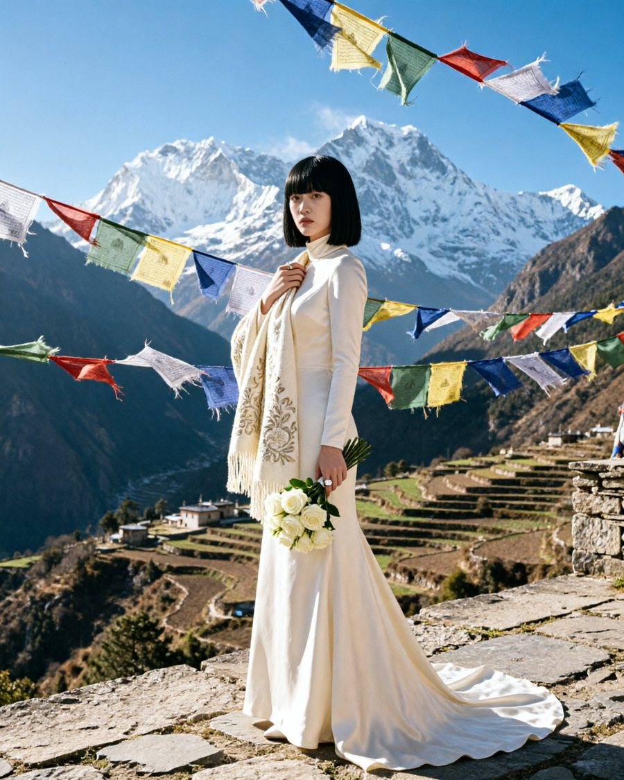This is the bride, a petite woman with a blunt black bob and full fringe