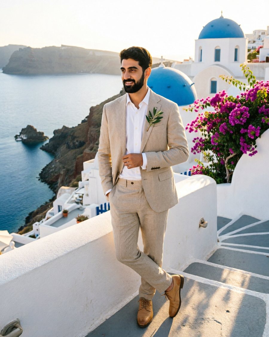 This is the groom, a bearded man with dark hair